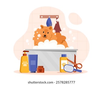 Cute orange dog in a bathtub surrounded by grooming accessories like shampoo, scissors, and brush on a white background. Concept of pet care. Vector illustration