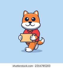 Cute orange dog holding box vector cartoon illustration.