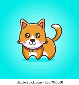 Cute orange dog or puppy with smiling face and wearing bone necklace in blue background