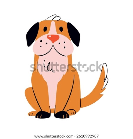 Cute orange dog sitting and looking at viewer. Vector cartoon pet illustration in flat style. Beagle-like breed with friendly face. Isolated on white background