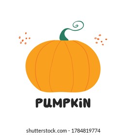 Calabaza de garabato de color naranja con puntos de doodle y letras. Cosecha concepto otoño. Aislado sobre fondo blanco. Ilustración de material vectorial.
