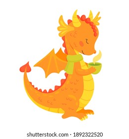 Cute orange dragon with a cup of tea. Cartoon funny character for postcard, invitation, print. Vector illustration isolated on white background