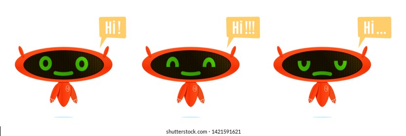 Cute orange emotional chatbot says hi. Artificial intelligence technology. Different face expression on the display. Online consultation. Modern cartoon flat vector illustration set.