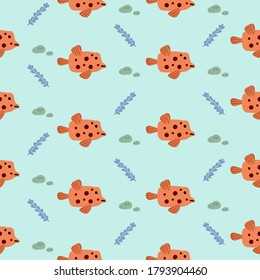 Cute orange fish and sea elements doodle hand drawn seamless pattern on light blue  background for fashion print, wrapping paper and wallpaper