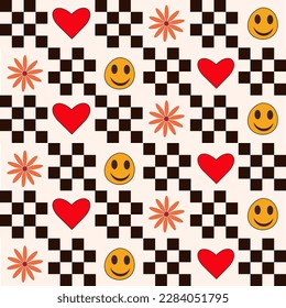 Cute orange flowers, hearts and happy faces with black checkerboards squares seamless pattern. For stationary, wrapping paper and textile