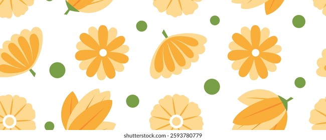 Cute orange flowers seamless pattern. White background. Floral template for seasonal creative graphic design. Vector illustration.