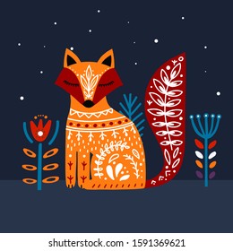 Cute orange folk art fox on dark blue background. Hand drawn vector illustration in Scandinavian, Nordic style. Good for t-shirt design, gift card, kids products, poster or textile design. 