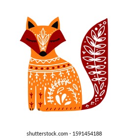 Cute orange folk art fox on white background. Hand drawn vector illustration in Scandinavian, Nordic style. Good for t-shirt design, gift card, kids products, poster or textile design. 