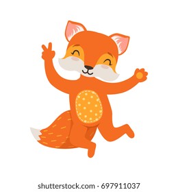 Cute orange fox character dancing, funny cartoon forest animal posing vector Illustration