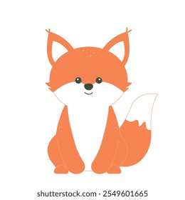 Cute orange fox character. Funny sitting autumn season animal for postcards, magazines, banners. Vector flat childrens illustration isolated on white background