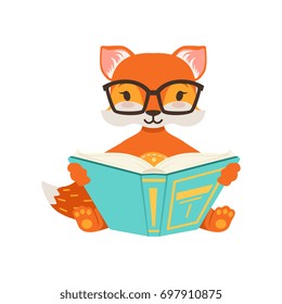 Cute orange fox character sitting and reading a book, funny cartoon forest animal posing vector Illustration