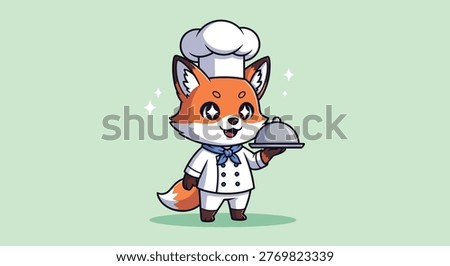 A cute orange fox dressed as a professional chef holding a silver serving cloche on a light green background