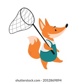 Cute Orange Fox as Forest Animal Walking with Net Vector Illustration