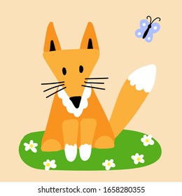 zorro naranja lindo. Prado verde con manzanas y mariposas azules. Ilustración infantil vectorial. Impresión de guardería para pantalones, afiches, decoración de habitaciones, tarjetas de felicitación.