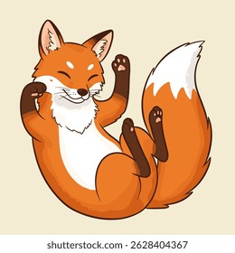 A cute, orange fox lies on its back and waves its paws.