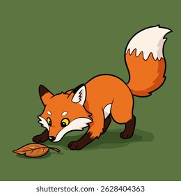 A cute, orange fox looks at a leaf.