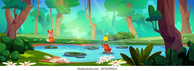 Cute orange fox and red frog with smiling face having idea sitting on lake in forest. Cartoon vector summer or spring wood landscape with funny childish comic amphibian animal with light bulb.