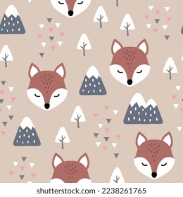 cute orange fox scandinavian beige light brown forest with trees and pines, mountains and abstract triangles. Kids wildlife seamless pattern desigh for fabric and textile print