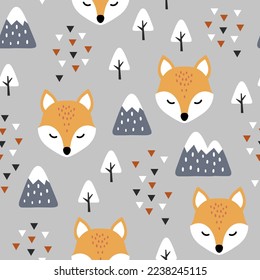 cute orange fox scandinavian grey forest with trees and pines, mountains and abstract triangles. Kids wildlife seamless pattern desigh for fabric and textile print