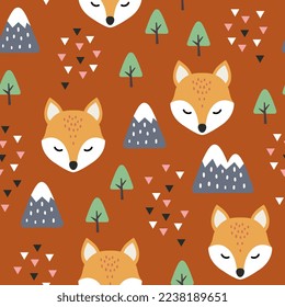 cute orange fox scandinavian winter red forest with trees and pines, mountains and abstract triangles. Kids wildlife seamless pattern desigh for fabric and textile print