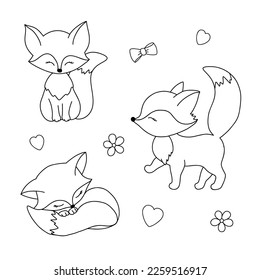 Cute orange fox set. Animal of forest. Flat outline childish vector illustration.