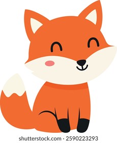 A cute orange fox sits happily, showcasing its bushy tail and bright eyes, exuding a joyful and friendly atmosphere.