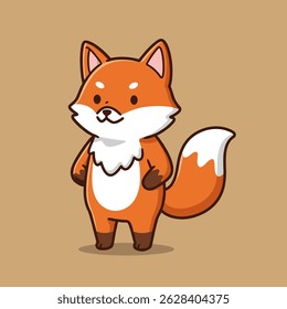 A cute, orange fox stands upright with a curious expression.