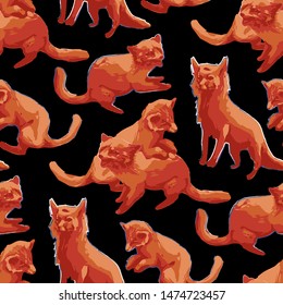 Cute orange foxes. Forest animals. Vector repeated seamless pattern drawn with rough brush in warm colors
