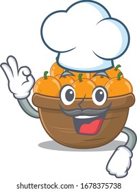 Cute orange fruit basket cartoon character wearing white chef hat