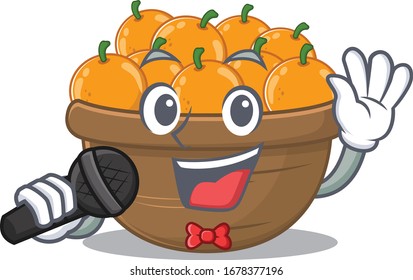 Cute orange fruit basket sings a song with a microphone
