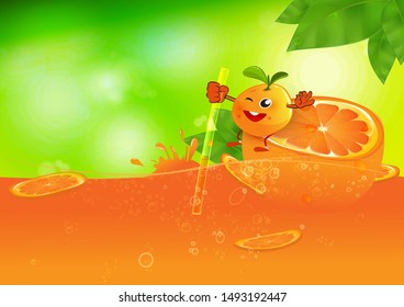 Cute orange fruit cartoon sit on orange slice in juice.
orange juice advertising.
vector illustration.