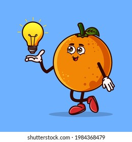 Cute Orange fruit character with light bulb Idea on hand. Fruit character icon concept isolated. Emoji Sticker. flat cartoon style Vector