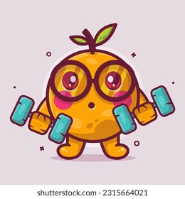 cute orange fruit character mascot doing bodybuilding using dumbbell isolated cartoon in flat style design