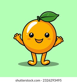 Cute orange fruit character mascot design vector illustration on green background