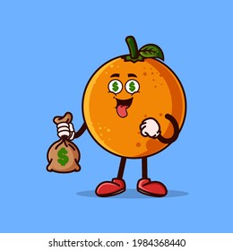 Cute Orange Fruit Character With Money Eyes And Holding Money Bag. Fruit Character Icon Concept Isolated. Emoji Sticker. Flat Cartoon Style Vector