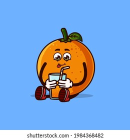 Cute Orange fruit character sitting with Orange juice. Fruit character icon concept isolated. Emoji Sticker. flat cartoon style Vector