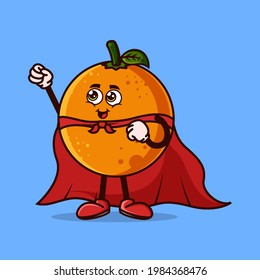 Personaje de fruta naranja con disfraz de super héroe e intenta volar. Icono de carácter de fruta aislado. Emoji Sticker. estilo de dibujos animados planos Vector