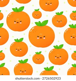 Cute orange fruit characters with sweet expressions creating a playful seamless pattern, ideal for children's designs, fabric prints, or cheerful digital backgrounds
