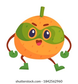 Cute orange fruit comic superhero mascot on white background