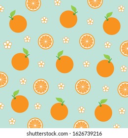 Cute orange fruit with green leaf and white flower blossom pattern isolated on light blue background.Design for print or screen backdrop ,Healthy food wallpaper.Vector.Illustration.