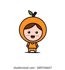 Cute orange fruit mascot character. Children wearing orange fruit costume. Design for fruit shop, market store. Healthy food concept. Flat vector illustration