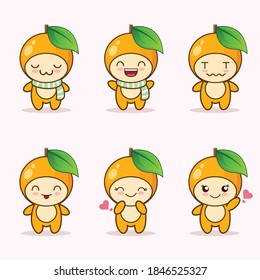 cute orange fruit mascot with various kinds of expressions set collection