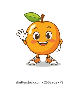 Cute orange fruit mascot vector illustration in cartoon style. The character is smiling, waving, and wearing gloves and sneakers. Perfect for kids' products, branding, or healthy food campaigns.