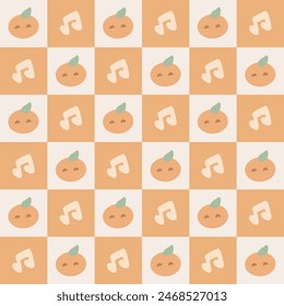 Cute Orange Fruit and Music Note Pattern on Beige and Orange Background. Adorable Orange Fruit and Musical Notes in a Seamless Checkerboard Pattern.