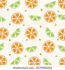 Cute orange fruits pattern background vector design, Citrus slice orange pattern, Design for background, clothing, wallpaper, decoration, paper gift, phone case, stationery