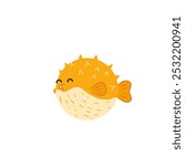 Cute orange fugu fish in flat design. Tropical underwater swimming blowfish