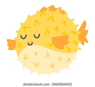 Lindo pez fugu naranja en diseño plano. Pez globo nado submarino tropical. Ilustración vectorial aislada.