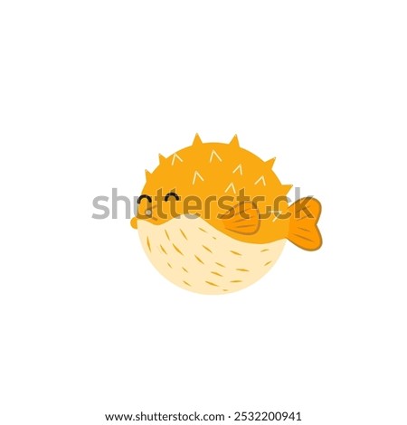Cute orange fugu fish in flat design. Tropical underwater swimming blowfish