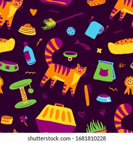 Cute orange funny cat and accessories. Colorful illustration seamless pattern. Lovely cat. Greeting cards, posters, banners. Vector design concept on dark background