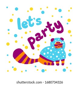 Cute orange funny cat colorful illustration. Lets party. Greeting cards, posters, banners, stickers, tshirts, web, flyers, invitation, brochure. Vector design concept